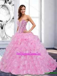 Top Seller 2015 Sweetheart Beading and Ruffles Rose Pink Quinceanera Dresses