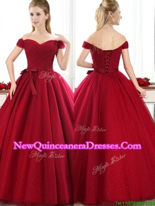 2016 New Arrivals Off the Shoulder Wine Red Dama Dress with Bowknot