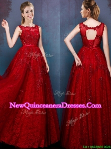 2016 See Through Scoop Wine Red Dama Dress with Beading and Appliques
