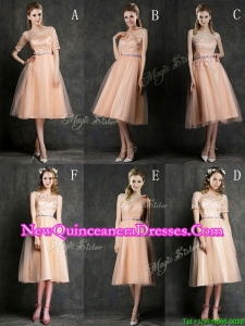 2016 Best Selling Sashed Peach Dama Dress in Knee Length