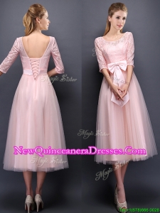 2016 Most Popular Scoop Half Sleeves Baby Pink Dama Dress with Bowknot