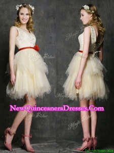 Most Popular V Neck Short Dama Dress with Belt and Ruffled Layers