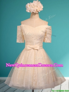 2016 Pretty Off the Shoulder Short Sleeves Champagne Dama Dress with Bowknot