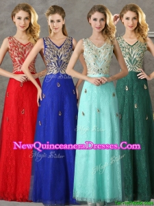2016 Fashionable V Neck Long Dama Dress with Appliques and Beading