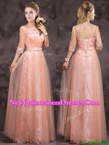 2016 Exquisite See Through Applique and Laced Long Dama Dress in Peach