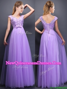 2016 Lovely Beaded and Bowknot V Neck Dama Dress in Lavender