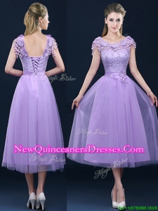2016 New Style Cap Sleeves Lavender Dama Dress with Lace and Appliques