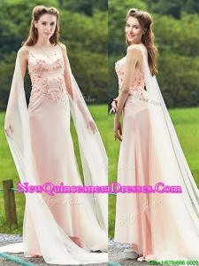 2016 Unique Bateau Watteau Train Light Pink Dama Dress with Applique