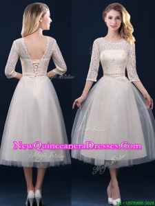 Hot Sale Laced and Applique Champagne Dama Dress in Tea Length