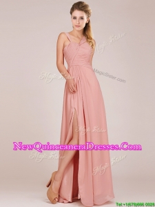 Modern Straps Peach Dama Dress with Ruching and High Slit