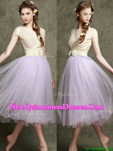 Cheap Lavender V Neck Damas Dress with Bowknot and Belt