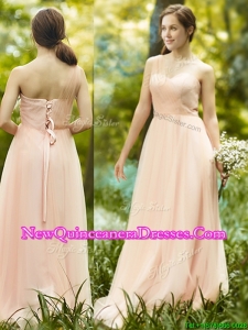 Cheap See Through One Shoulder Peach Damas Dress in Floor Length