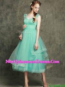 Cheap See Through Straps Damas Dress with Appliques and Hand Made Flowers