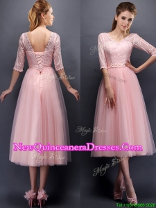 Cheap See Through V Neck Half Sleeves Damas Dress with Lace and Belt