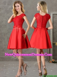 Cheap Scoop Cap Sleeves Red Damas Dress with Lace and Bowknot