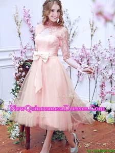 Cheap See Through High Neck Half Sleeves Damas Dress with Bowknot