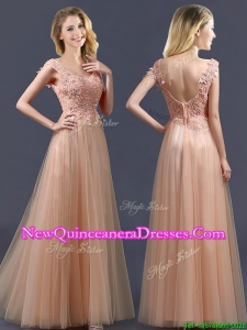 Cheap V Neck Long Damas Dress with Appliques and Beading