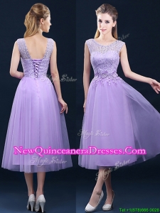 Beautiful See Through Laced and Applique Damas Dress in Tea Length