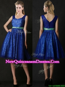 Cheap Belted and Laced Blue Damas Dress in Knee Length