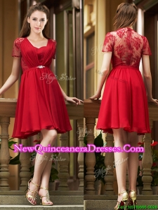 Cheap See Through Back Red Short Damas Dress with Short Sleeves