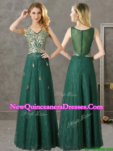 Cheap V Neck Dark Green Damas Dress with Appliques and Beading