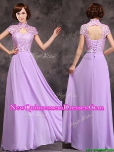 Low Price High Neck Cap Sleeves Lavender Long Damas Dress