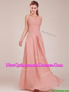 Modest Ruched Decorated Bodice Peach Damas Dress with V Neck
