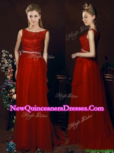Popular Belted Empire Scoop Red Damas Dress with Brush Train