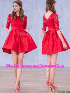 Romantic Bowknot and Laced Scoop Half Sleeves Dama Dress in Red