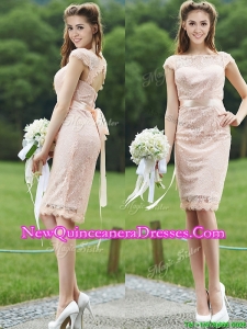 See Through Scoop Cap Sleeves Dama Dress with Sashes