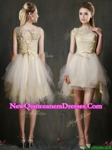 See Through Scoop Champagne Dama Dress with Appliques and Belt