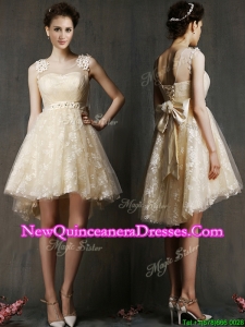 See Through Scoop Champagne Dama Dress with Hand Made Flowers and Bowknot