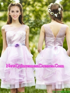 See Through Scoop Short Dama Dress with Sashes and Ruffles