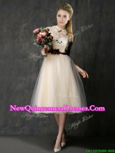 Luxurious High Neck Champagne Dama Dress with Hand Made Flowers and Lace