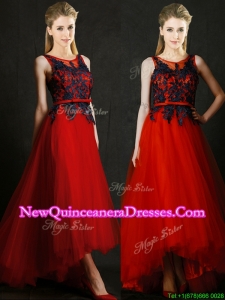 Perfect High Low Belted and Black Applique Dama Dress in Red