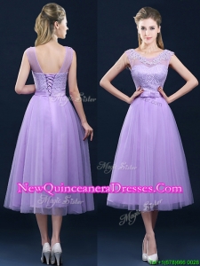 Popular See Through Applique and Belt Dama Dress in Tulle