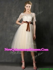 See Through Scoop Short Sleeves Dama Dress with Bowknot and Lace