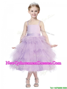 2016 Beautiful Spaghetti Straps Lavender Little Girl Pageant Dress with Beading and Ruffled Layers