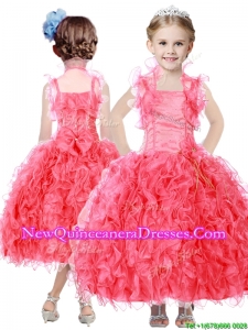 2016 Beautiful Beaded and Ruffled Straps Little Girl Pageant Dress in Coral Red