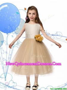 2016 New Scoop Champagne Little Girl Pageant Dress with Hand Made Flowers and Bowknot