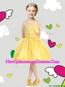 2016 Perfect Spaghetti Straps Belt and Sequins Little Girl Pageant Dress in Yellow