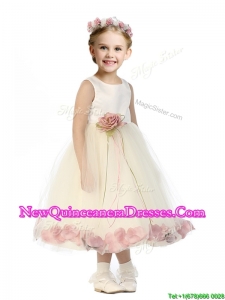 2016 Popular Scoop Tulle Little Girl Pageant Dress with Hand Made Flowers and Appliques