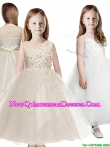 2016 See Through Scoop Appliques Little Girl Pageant Dress in Champagne