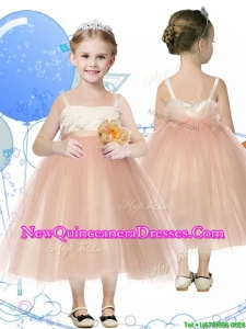 Affordable Spaghetti Straps Hand Made Flowers Little Girl Pageant Dress in Champagne