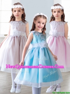 Elegant Scoop Tea Length Little Girl Pageant Dress with Appliques and Hand Made Flowers