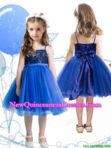 Fashionable Spaghetti Straps Royal Blue Little Girl Pageant Dress with Sashes and Sequins