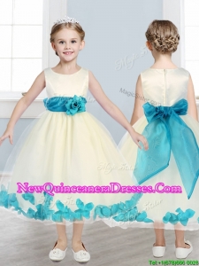Lovely Scoop Little Girl Pageant Dress with Teal Hand Made Flowers