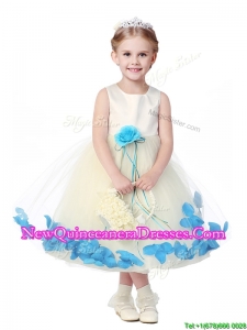 Lovely Tea Length Scoop Little Girl Pageant Dress with Hand Made Flowers and Appliques