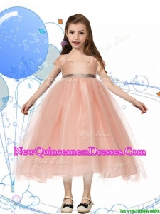 Perfect Square Cap Sleeves Sashes Little Girl Pageant Dress in Peach