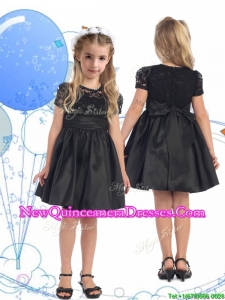 See Through Scoop Short Sleeves Lace and Belt Little Girl Pageant Dress in Black